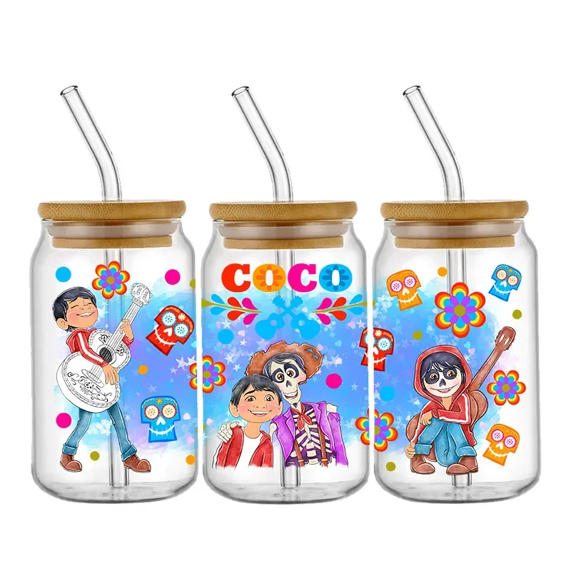 Disney Coco Film UV DTF Transfer Stickers Cartoon For 16oz Glass Libbey Cup Wraps Can Selfadhesive Waterproof Decals Wraps