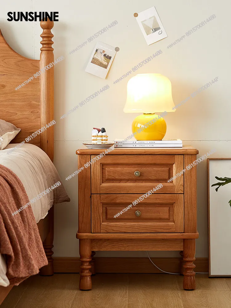 North American cherry wood bedside table vintage simple copper handle solid wood side cabinet