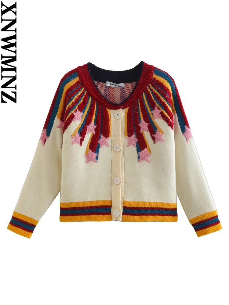 XNWMNZ donna moda contrasto maglione lavorato a maglia giacca donna Vintage O collo manica lunga bottone anteriore Top Cardigan Chic femminile