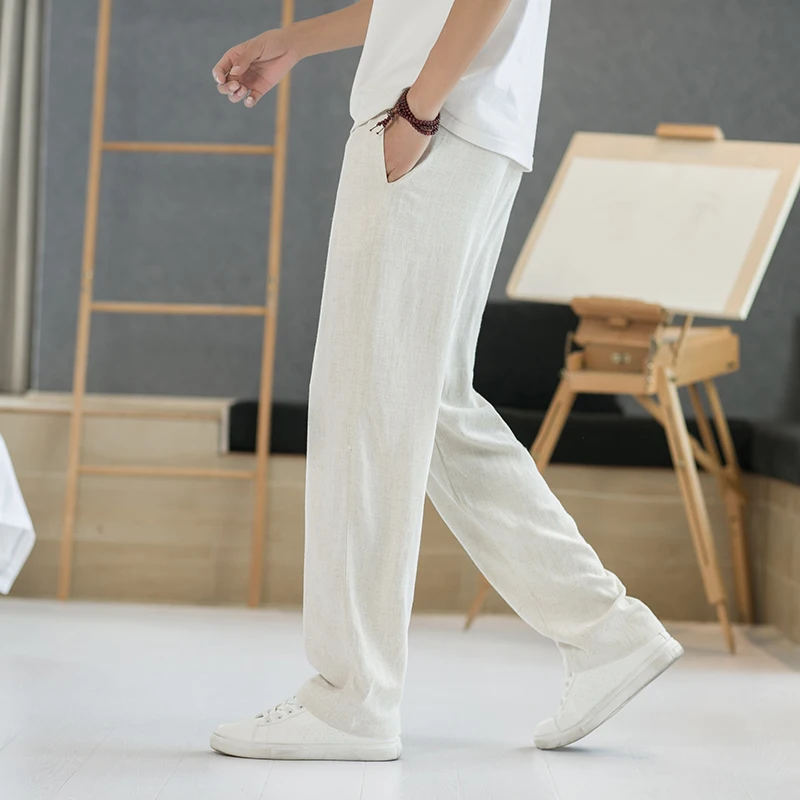 

Men's Summer Loose Straight Leg Cotton Linen Wide Leg Pants Casual Thin Ice Silk Trousers Faionable Urban Sle Breathable