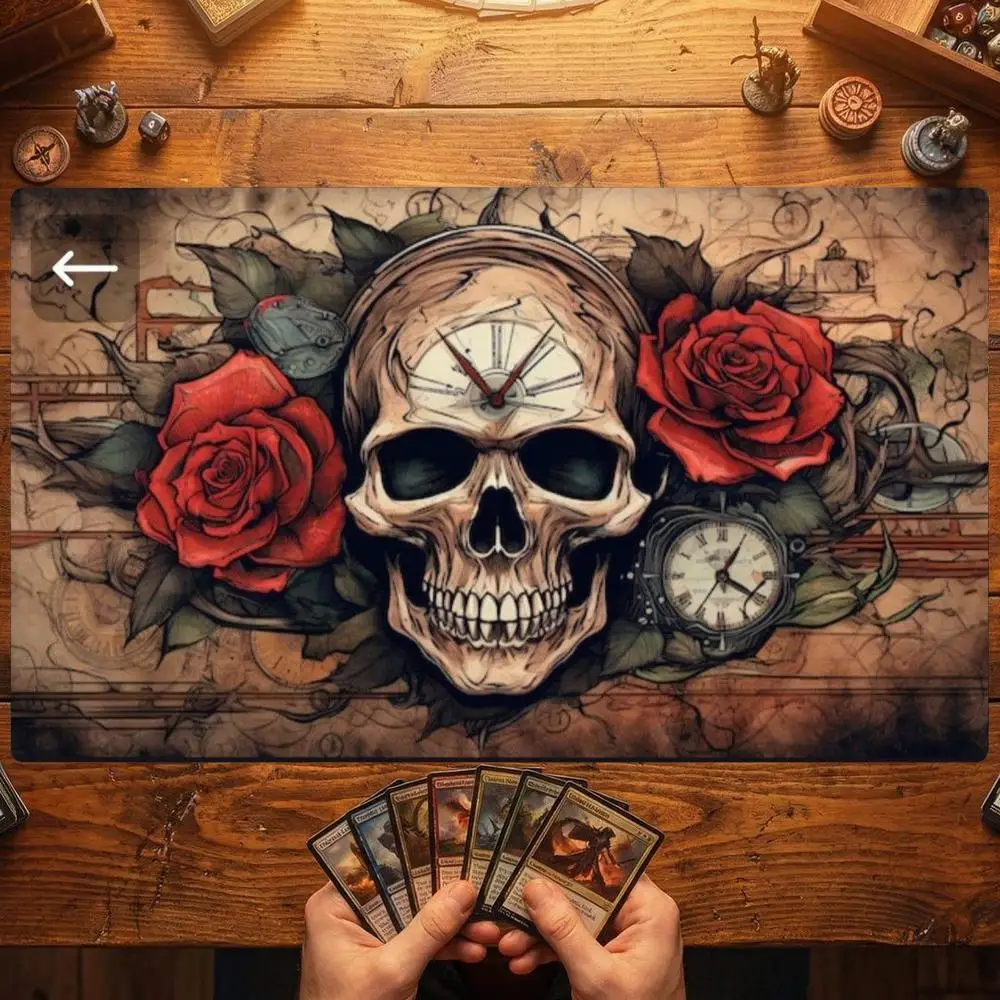 Steampunk Skull Red Roses Clock TCG Playmat 35X60CM Magic Card Battle Mat Non-Slip Durable Stitched Edge Tabletop Playmat