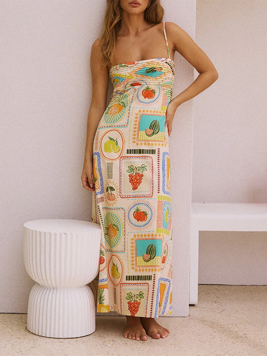 Women’s Boho Long Dress Sleeveless Spaghetti Strap Solid Color Fruit Print Beach Dress Summer Midi Dress