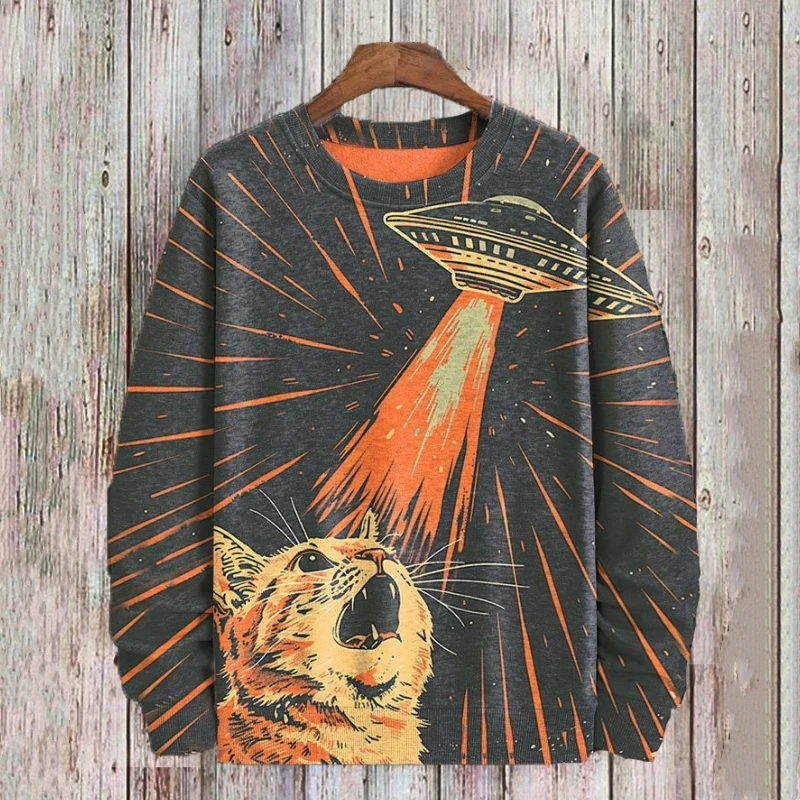 Camiseta de manga larga con estampado de gato para hombre y mujer, Sudadera con capucha de gran tamaño, jersey de cuello redondo, ropa de moda