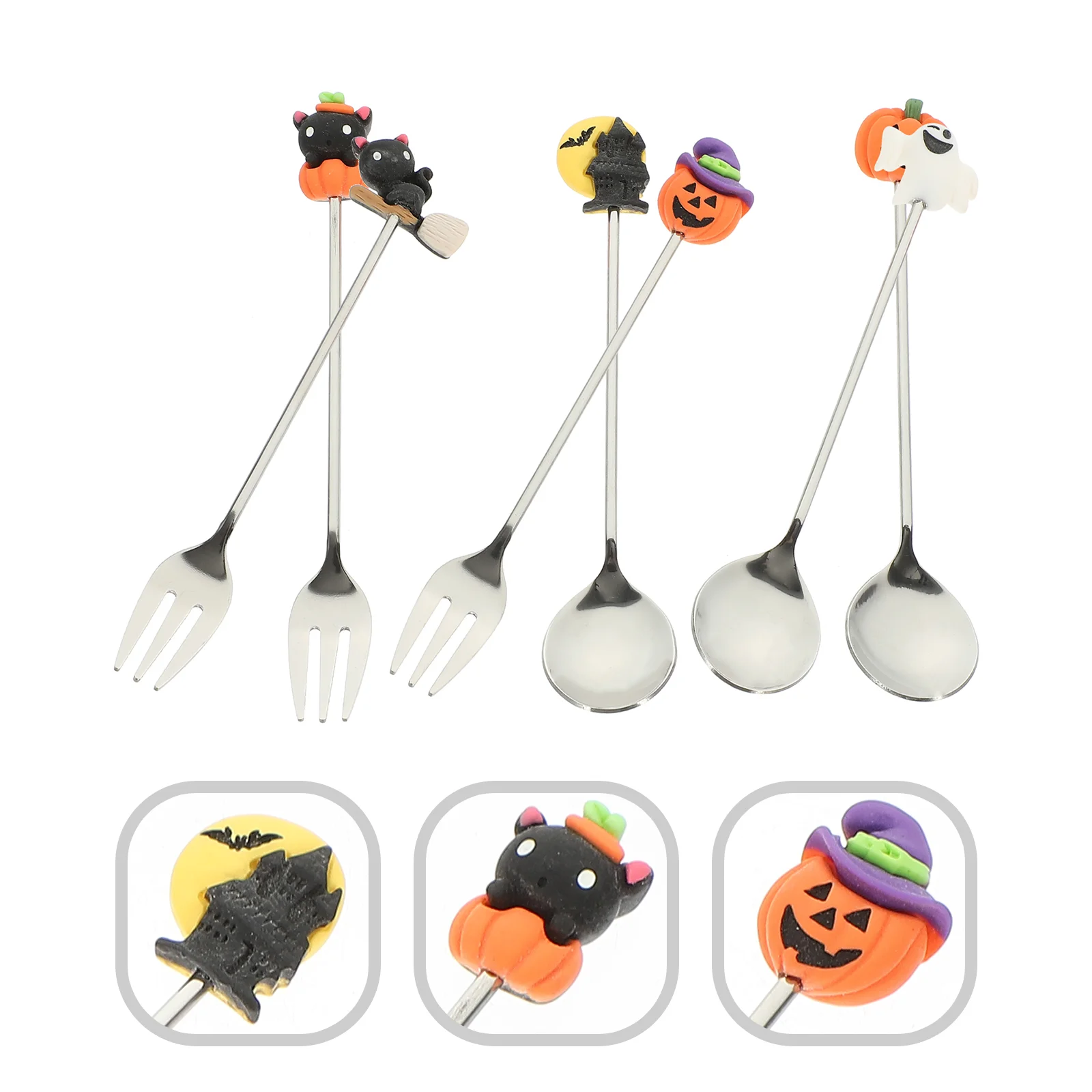 6pcs Cartoon Stainless Steel Dinnerware Set Halloween Pumpkin Ghost Castle Bat Black Cat Spoon Fork Kit Silver Easy Wash Safe