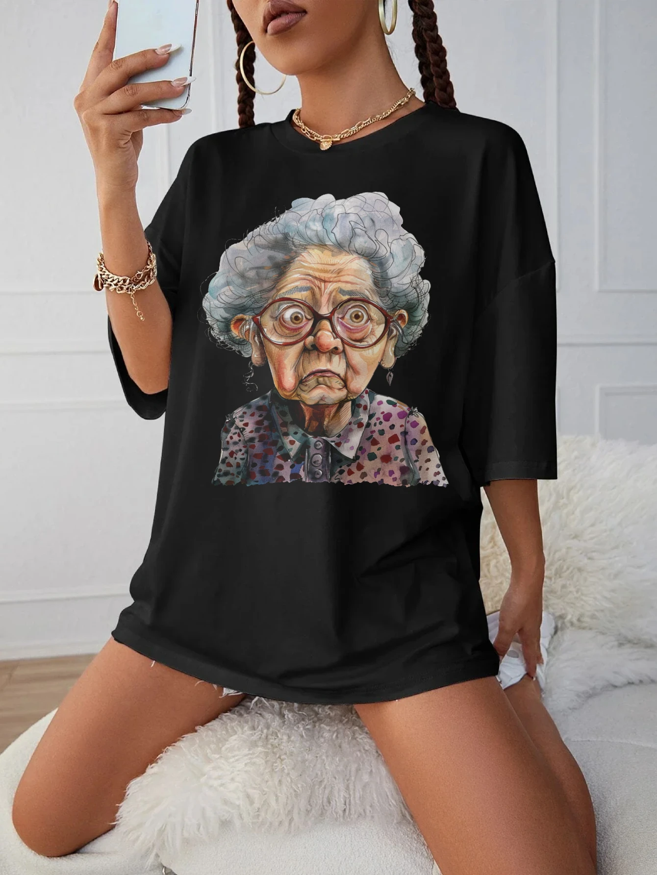 

Черная футболка с круглым вырезом Quirky-Whimsical-Crazy-Grandma-Clipart, удобная женская одежда свободного покроя для беременных