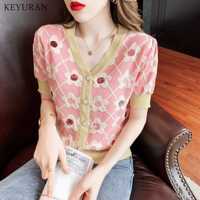 Pink Floral Knitted Cardigan Women Korean Casual V neck Summer Ruff Short Sleeve Thin Single-Breasted Knitwear Corp Tops Female