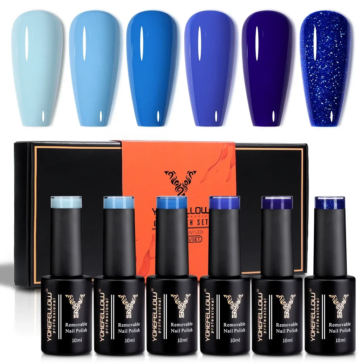 YOKEFELLOW 6Set Blue Gel Nail Polish Sky Blue Glitter Gel Nail Vernis Semi Permanent Soak Off UV Manicure Gift for Girls Women