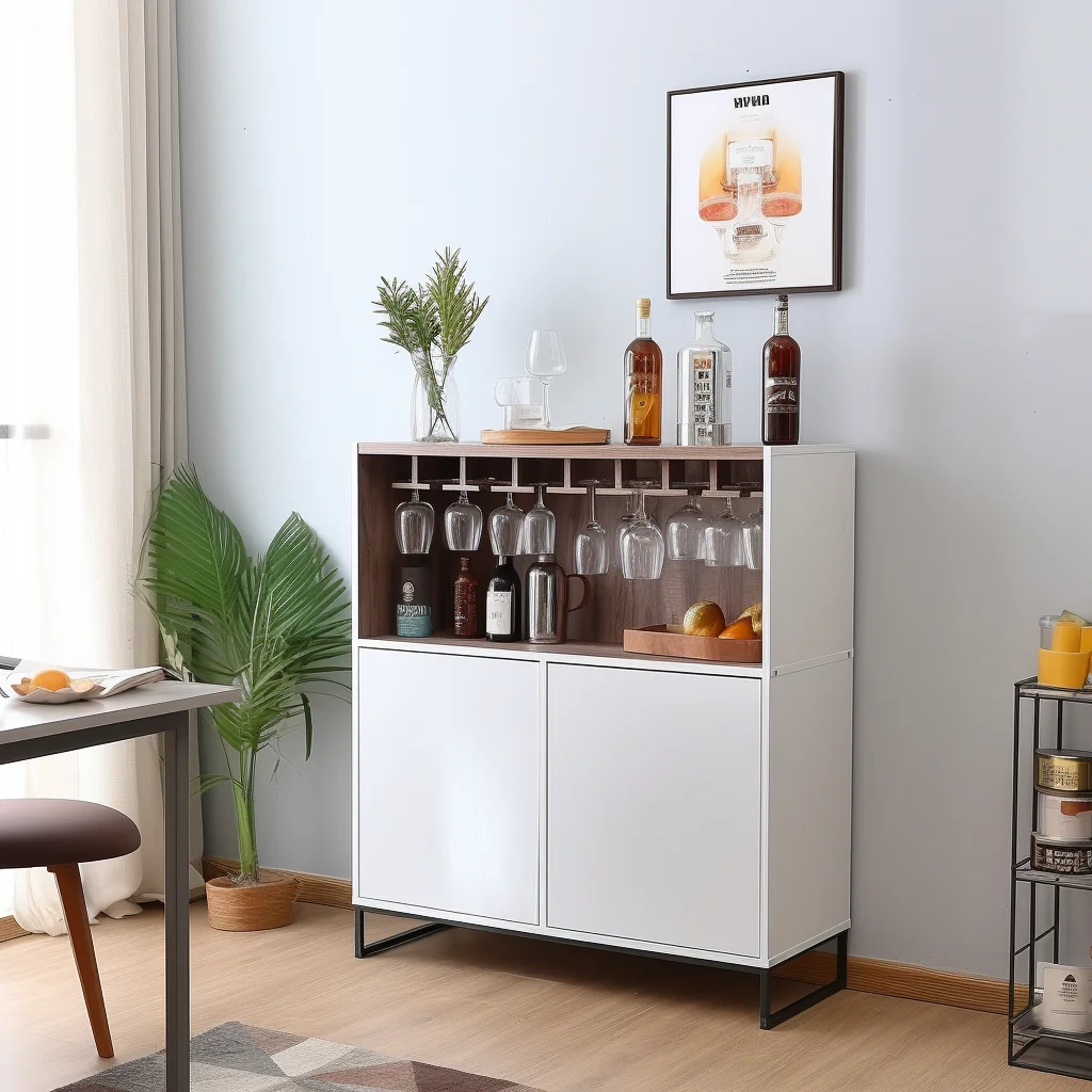 Living Room Furniture White Wooden Sideboard Wine Rack Shelves Glass Cabinet Wine Storage Cabinet