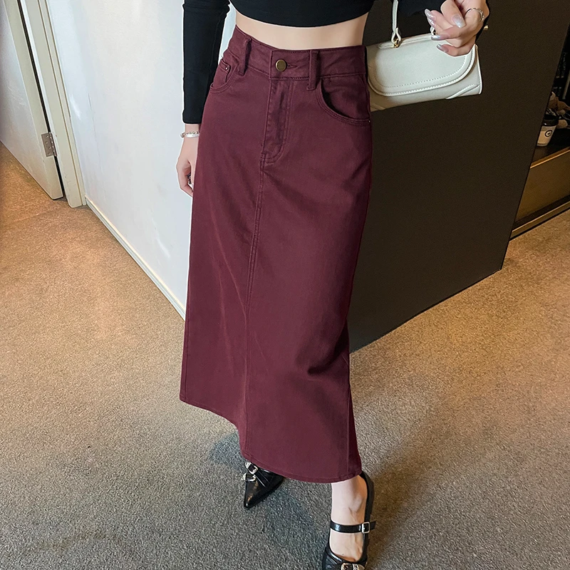 Fashion Red Denim Skirt Women Autumn New Style High Waist Slim All-match A-line Midi Skirt with Split