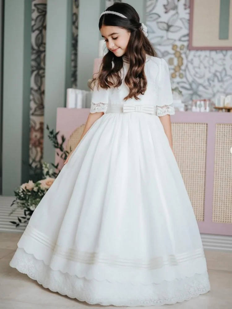 Vestidos da menina de flor branco cetim rendas apliques com arco meia manga para festa de aniversário de casamento banquete vestidos de princesa