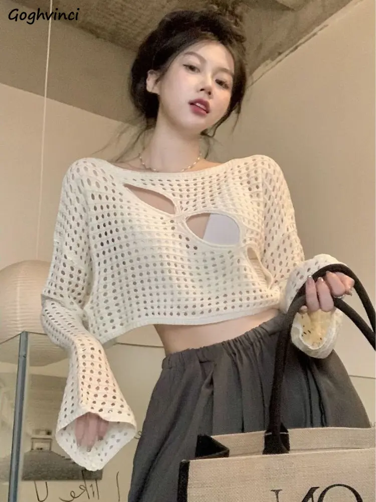 

Pullovers for Women Hollow Out Solid O-neck Thin Summer Sun-proof Design Basic Cropped Loose Cozy Ulzzang Style Fashion Females