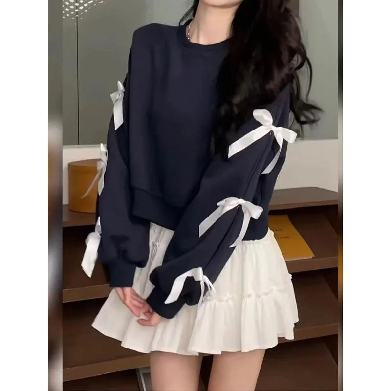 Navy Blue Hoodie Bow Korean Trendy Sweater Long Sleeve Hoodie Women Spring Autumn Casual Versatile High-end Clothing