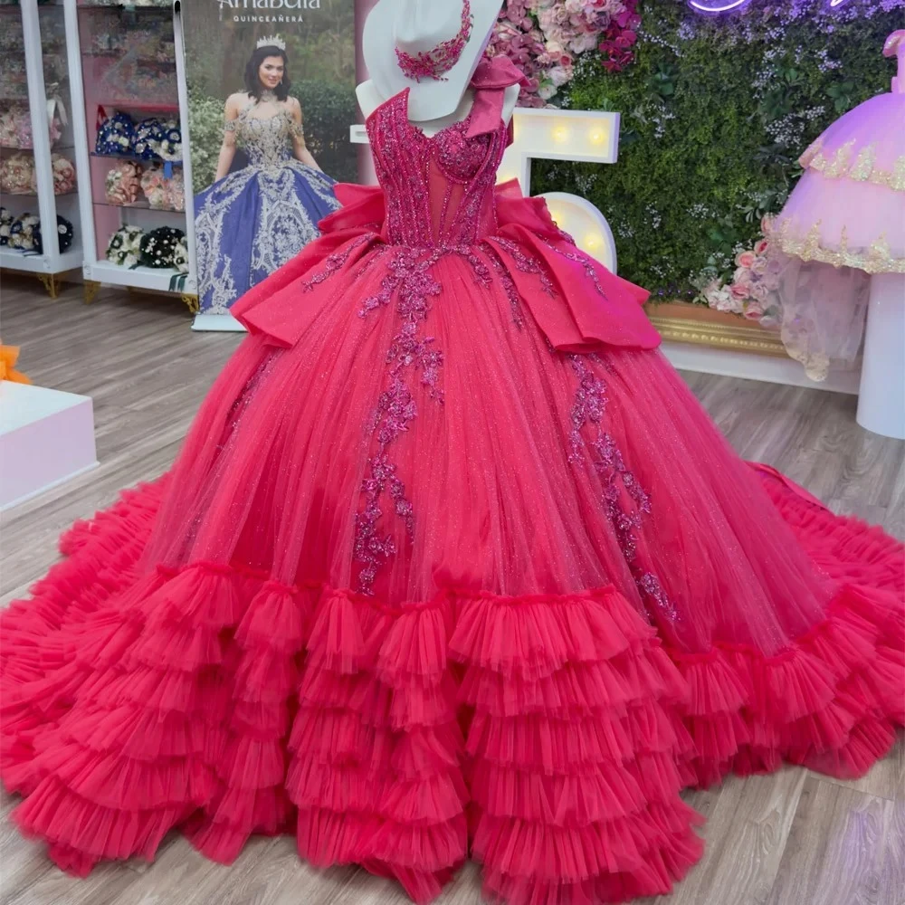 Customized Women's Luxury Fuchsia Ball Gown One Shoulder Beaded Lace Corset Sweet 15 16 Big Bow Ruffle Tiered Train Dress