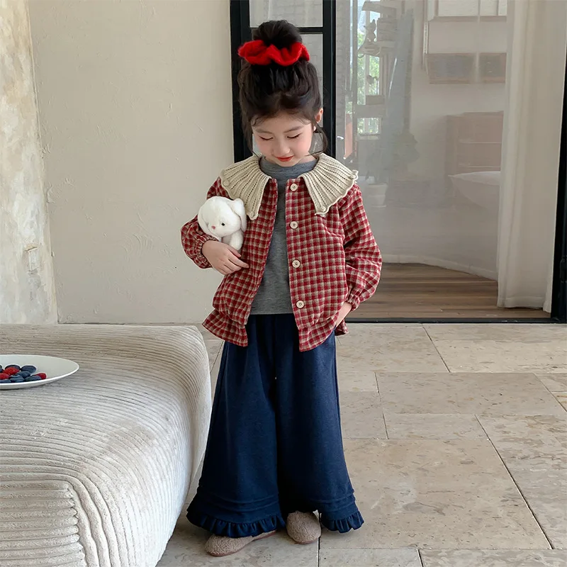 Girls' Suit, Spring and Autumn 2025 New Foreign Style Baby Girl Fashionable Plaid Three-piece Set, Children's Autumn Jeans