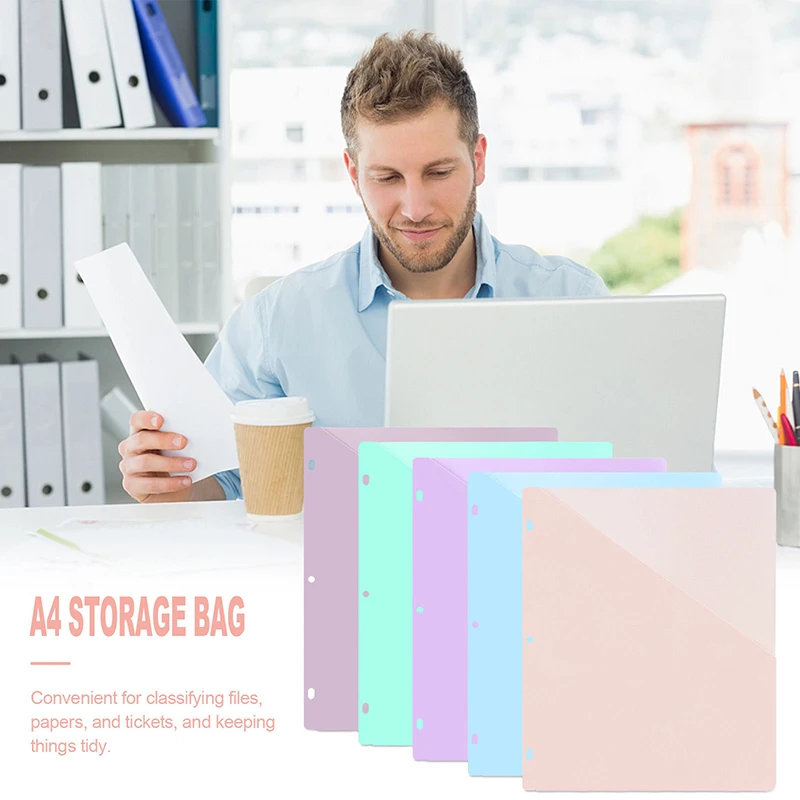 5 Sheets/set A4 3-hole Storage Bags Pink Purple Blue Loose Leaf Storage Bag Notebook Binding Folder Divider Punched Insert Bag