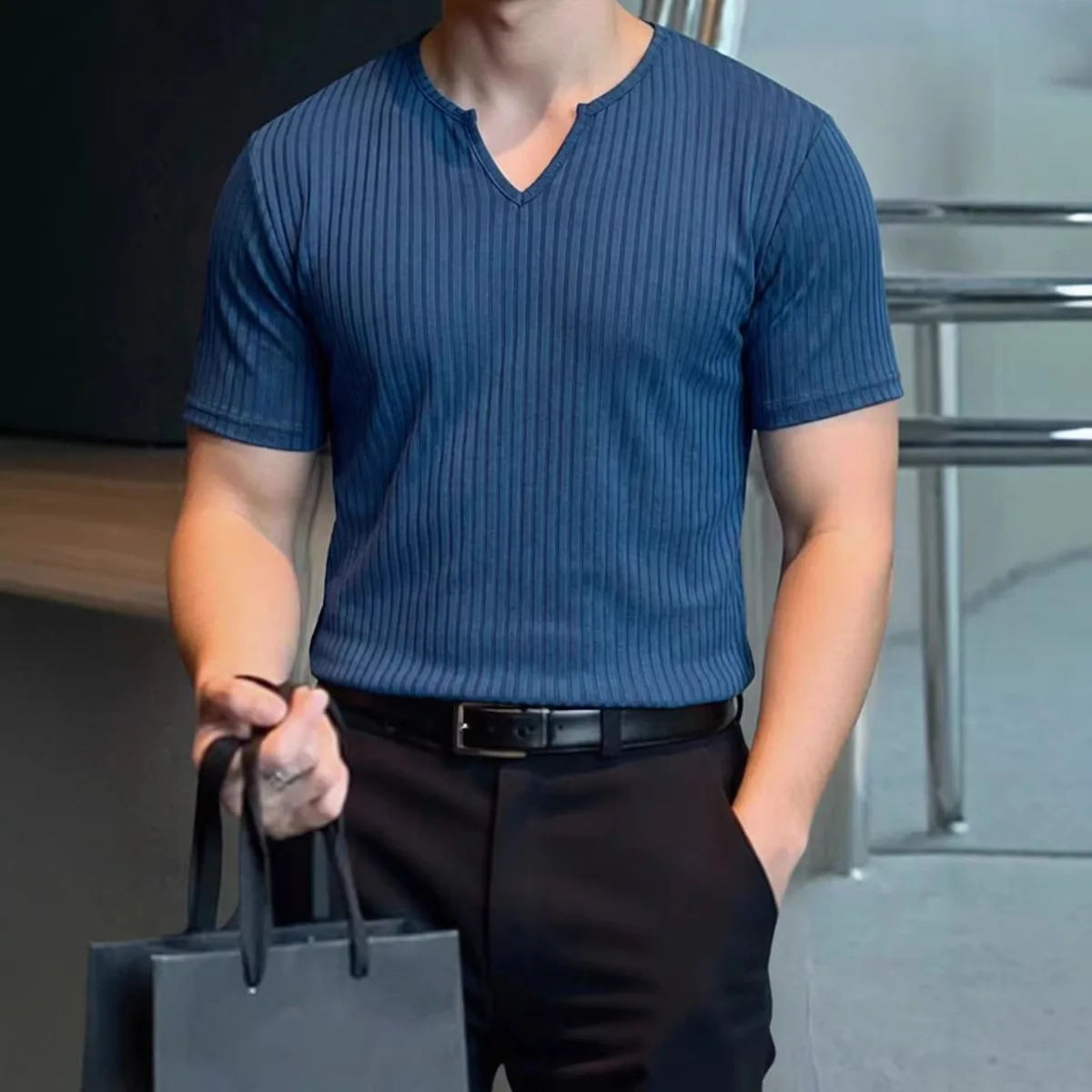 Men's Summer New Small V-neck Pit Strip Fashion Basic Elastic Breathable Heat Dissipation Men's Casual T-shirt