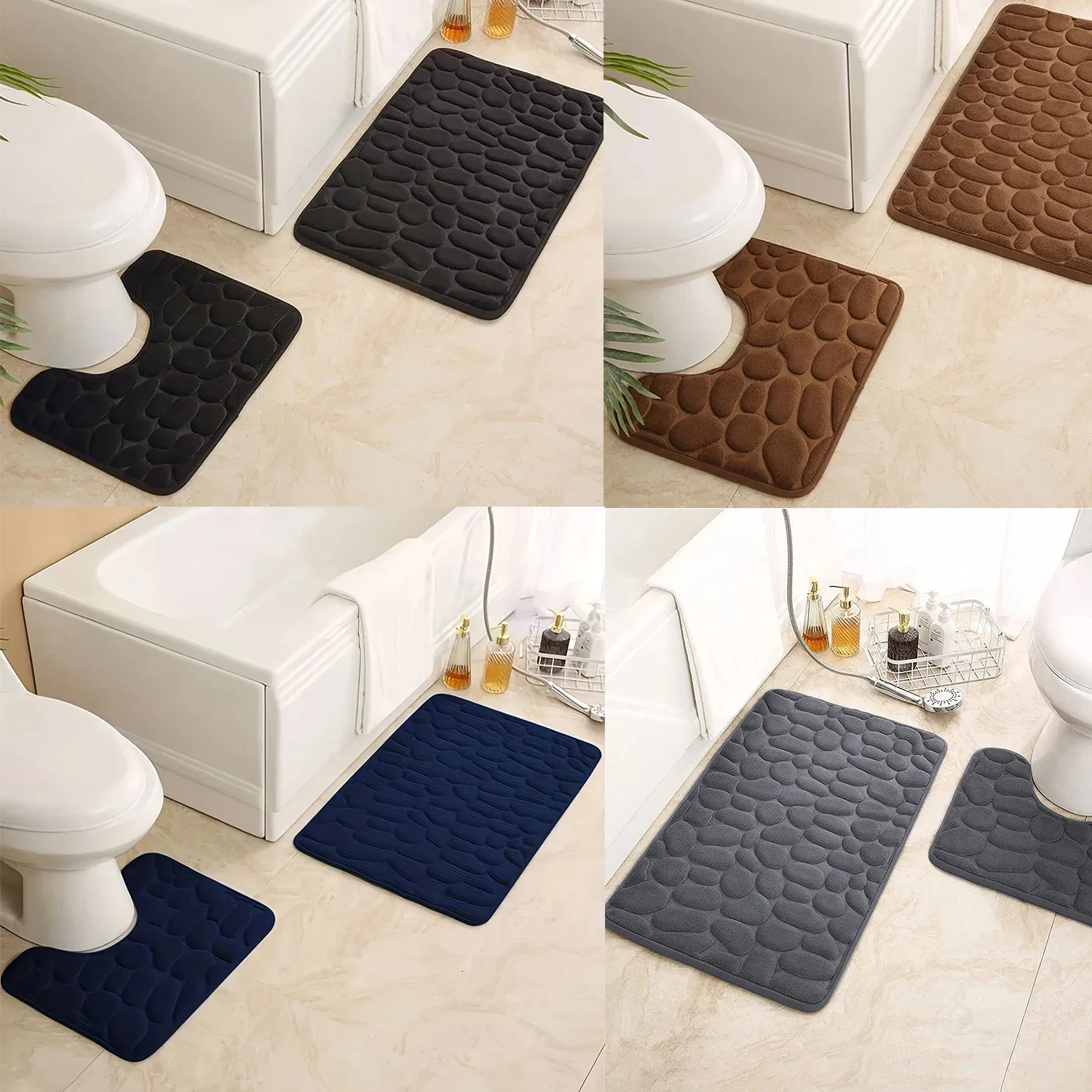 

Thickened embossed pebble coral fleece floor mat, bathroom floor mat, toilet U-shaped bathroom absorbent foot mat two-piece set