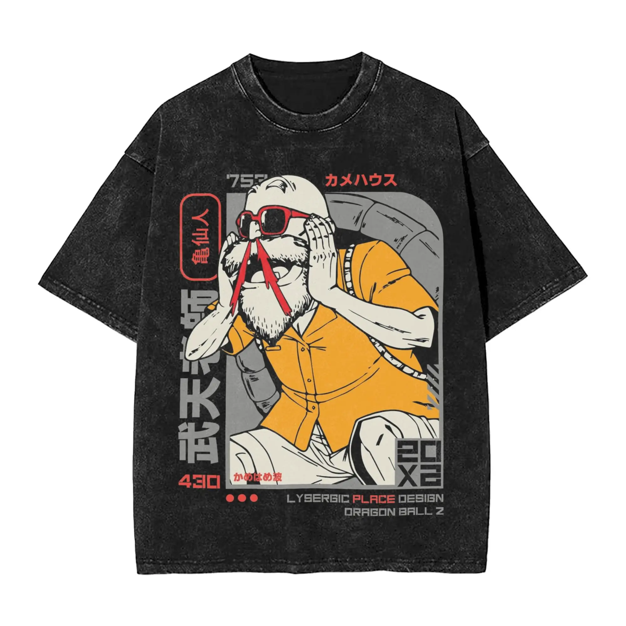 2026 Sommer Dragon Ball Retro Gewaschenes Baumwoll-T-Shirt für Herren, Oversized Casual mit Master Roshi & Goku Aufdruck, Unisex Kurzarm Streetwear