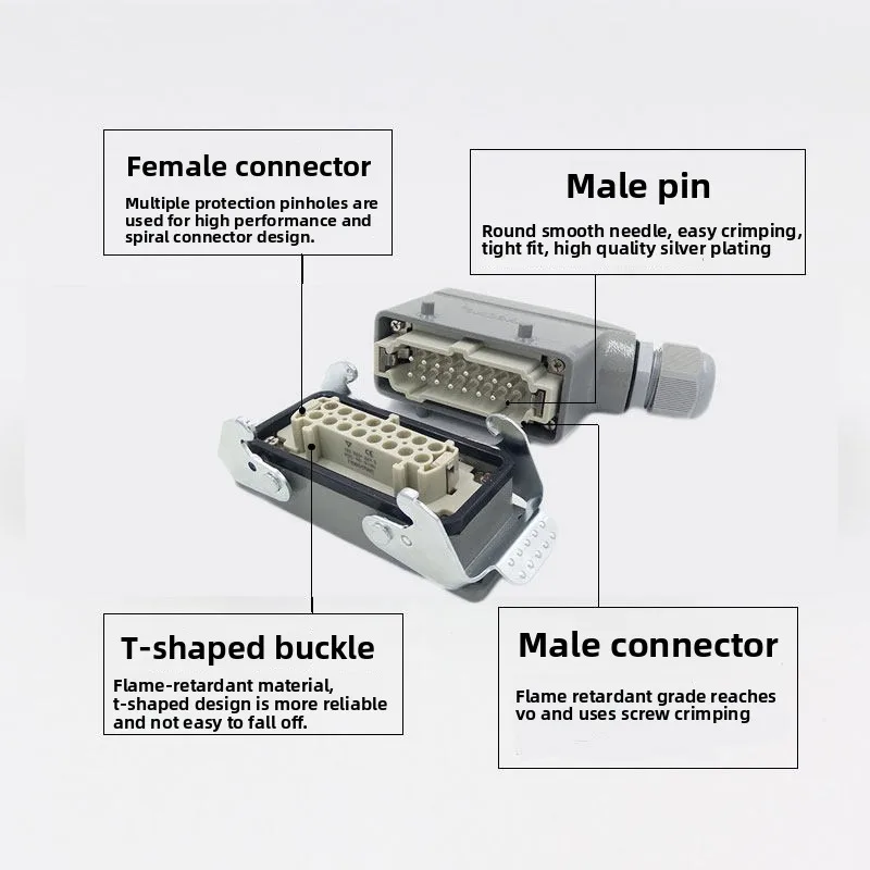 Rectangular Heavy Duty Connector HE-4P 6P 10P 16P 20P 24P High Base Surface Mounted Aviation Plug & Socket