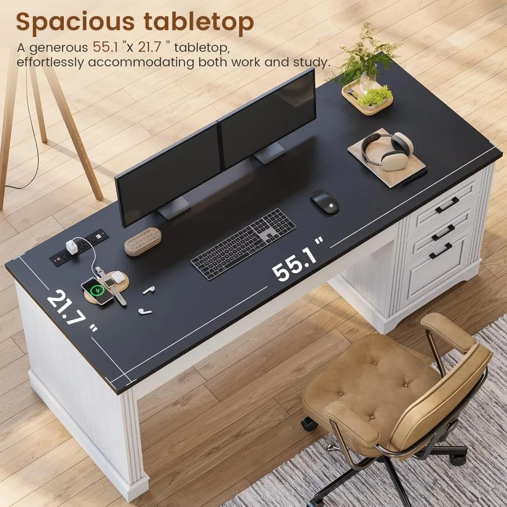 مكتب تنفيذي مقاس 55 بوصة من Farmhouse، مكتب كمبيوتر مع أدراج تخزين ومخرج طاقة، مكتب منزلي، محطة عمل للمكتب المنزلي