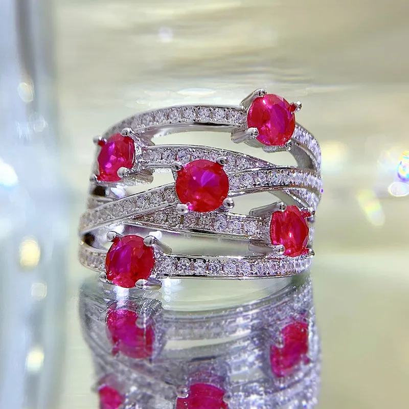 Xiaoyan's new 100% s925 silver light luxury ruby ring exquisite jewelry geometric ring anniversary commemorative gift