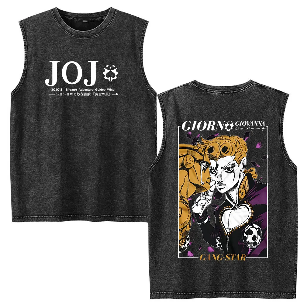 Anime JoJo Bizarre Adventure Kujo Jotaro Vintage Washed Tank Tops Tees Men Women Clothing Fashion Retro Sleeveless Vest T-shirts view 5