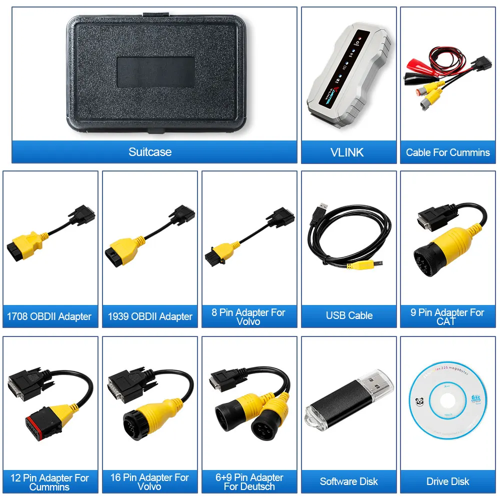 Vdiagtool VLINK Diesel Truck Diagnostic Tool For CAT For Cummins Truck Tools Heavy Duty Truck Scanners For Volvo ECU Coding