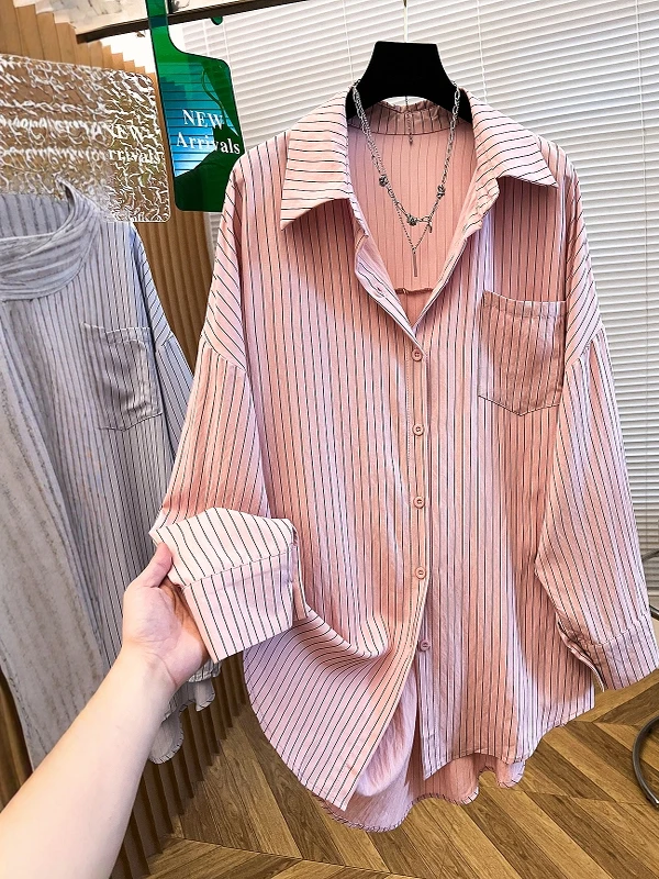 

Striped Loose Fit Long Sleeve Shirt Women's Autumn Casual Top Vintage Style Breathable Skin-Friendly Versatile Versatile
