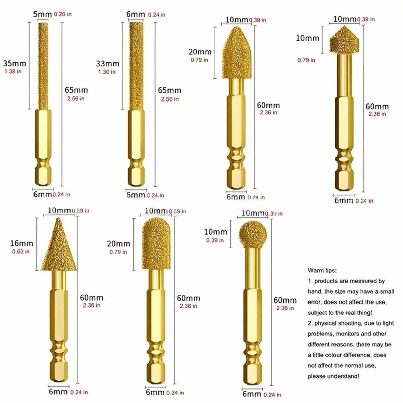 7x Diamond Grinding Bit Grinding Burrs Multipurpose Studio Replaces Shop Hexagonal Shank Resin Glass Granite Brick