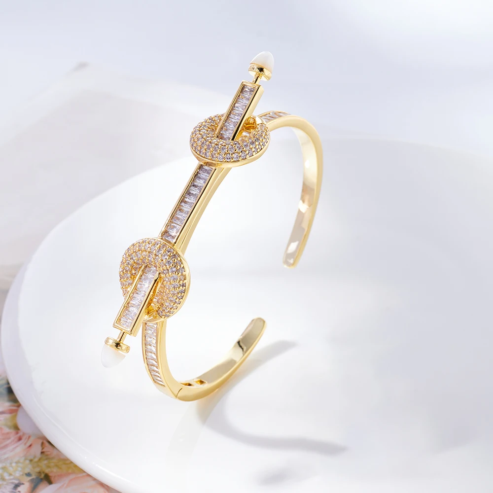 InJewelife Trendy Cubic Zircon Shell Bangles Bracelets with Ring Luxury Jewelry Set for Women Gold Plated Bracelet Jewellery