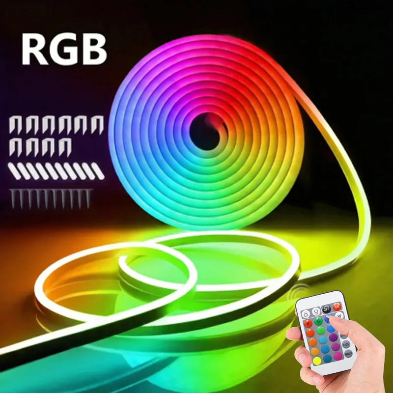 1 Rgb Led Flexible Neon Light Strip with 24-Key Multifunction Remote Control, Low Voltage 5V, Christmas Bedroom Ambiance Light,