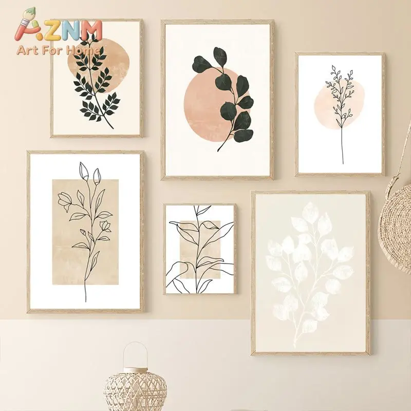 Boho Posters Natural Plant Bird Sun Abstract Canvas Painting Leaf Lines Wall Art Pictures Living Room Home Decorative Paintings