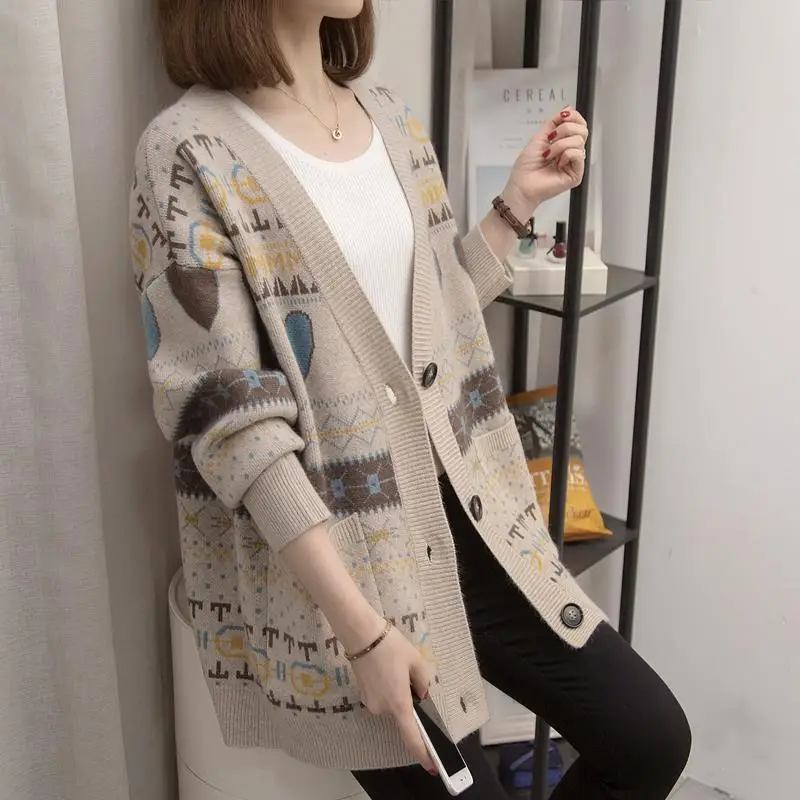 Colored V-neck Long Sleeve Lazy Knitted Cardigan Sweater 2023 Autumn/Winter Thickened Simple Versatile Top for Women