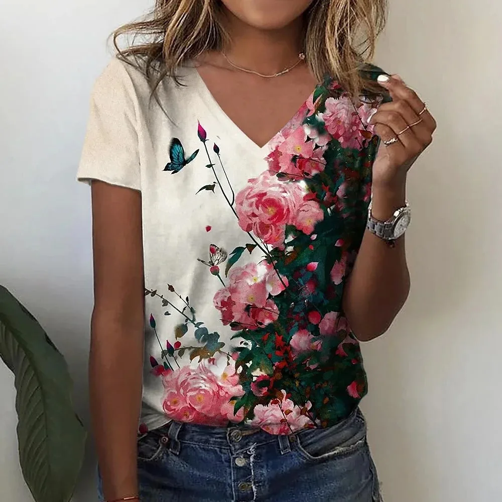 Mulheres plantas e flores camiseta de manga curta estampada 3D com decote v, roupa de rua, moda casual, verão