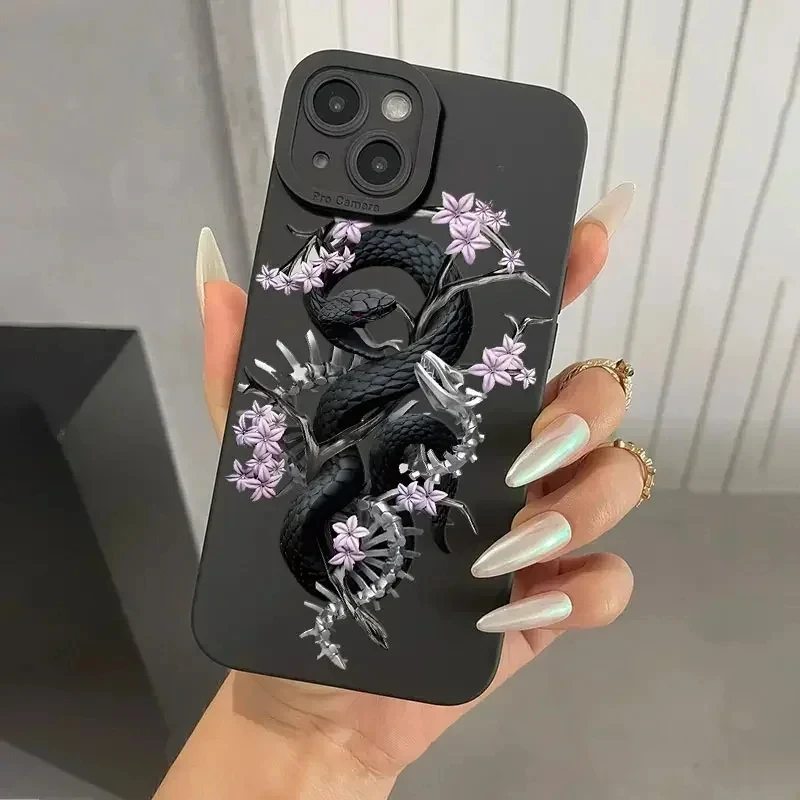 Black Snake Patterned Flower Print Phone Case For iPhone 16 15 14 13 12 11 Pro Max XR XS 7 8 Plus Y2K Anti Fall Cool Cover image 6
