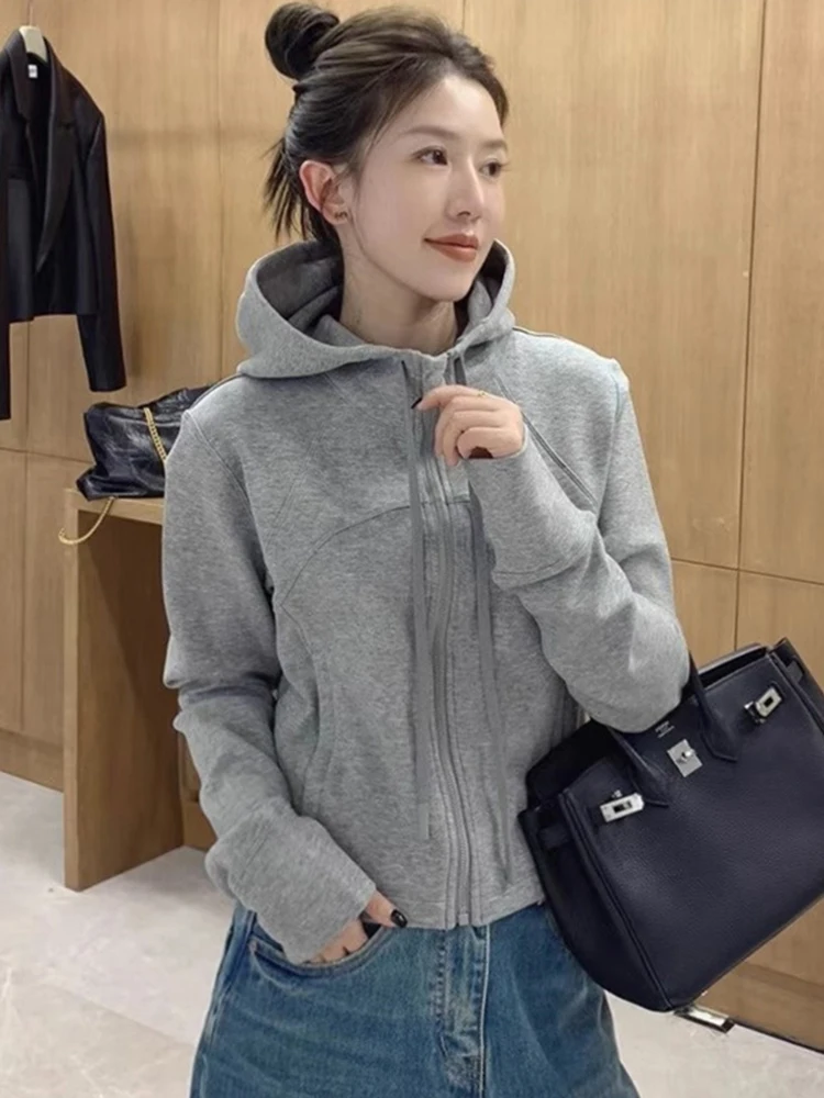 Długi kardigan z kapturem w jednolitym kolorze, wyszczuplający, zapinany na zamek, w stylu koreańskim, casualowy, wygodny, miękki top.