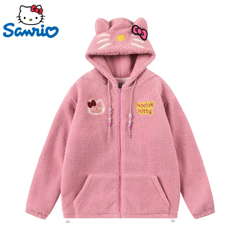 Sanrio Hello Kitty Embroidery Hooded Cotton Lamb Fleece Coat Y2k Women Zipper Trend Jacket Women Winter Thick Warm Clothes