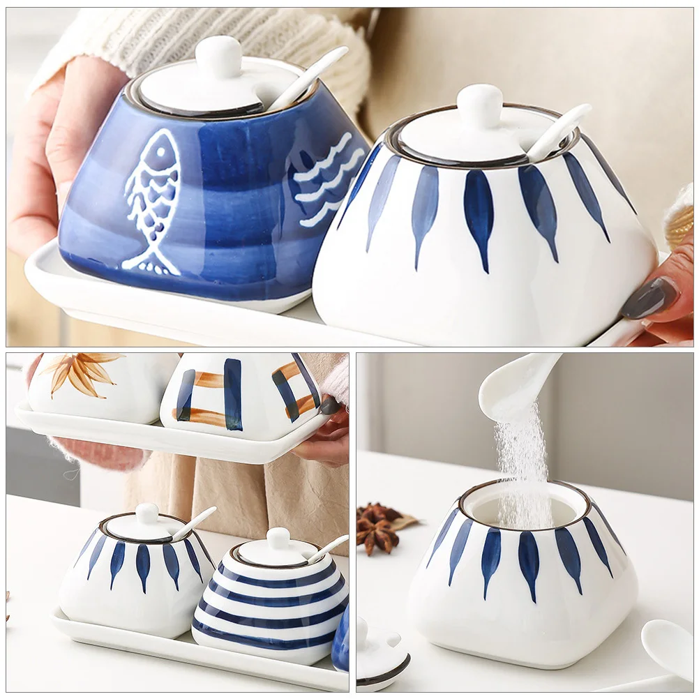 

1Pcs Retro Ceramic Spice Jar with Lid and Spoon Underglaze High Temperature Fired Storage for Condiments Salt Sugar Mustard