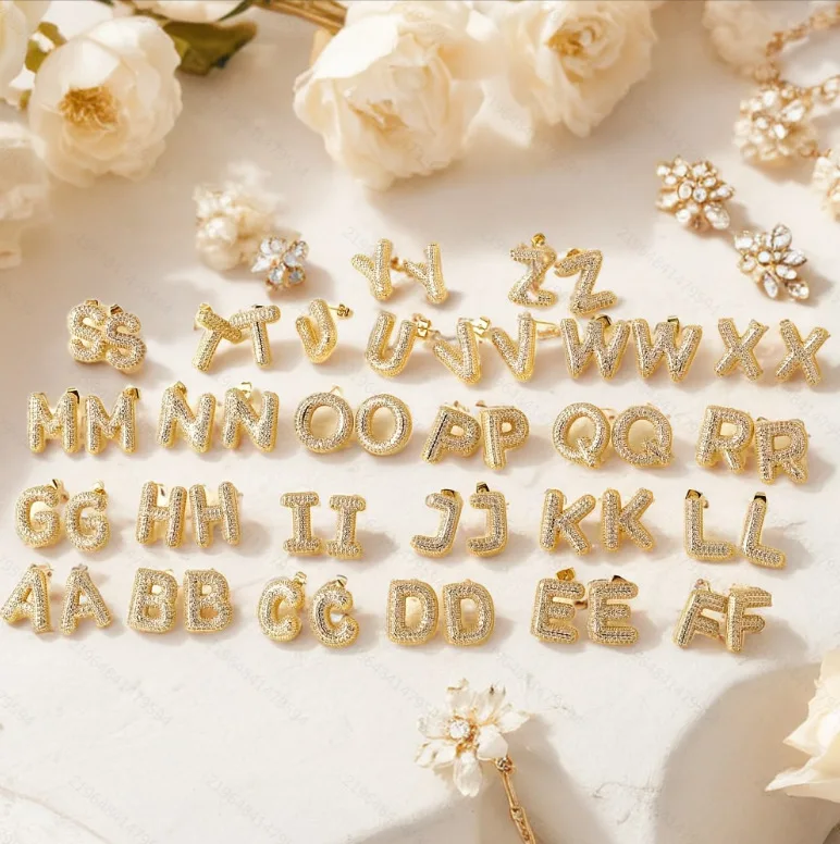 Dainty Balloon Crystal Bubble Letter Earrings for Women Chunky Gold Plated Initial Ear Studs Name Statement Jewelry Gifts