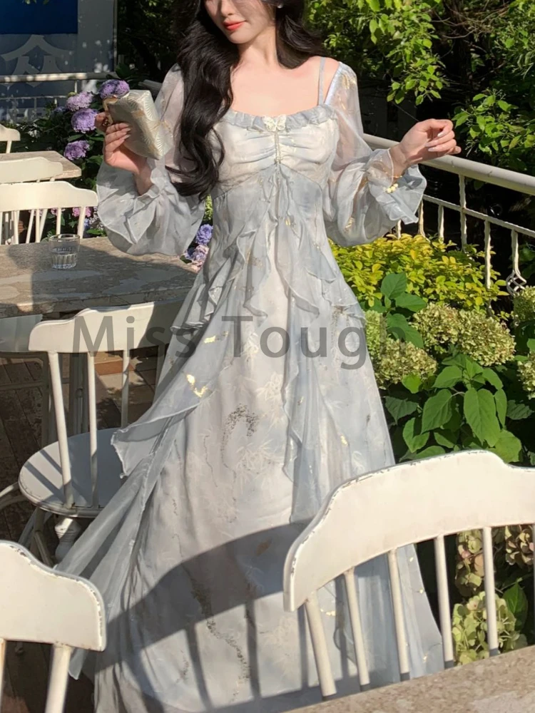 Autumn Blue Bow Fairy Midi Dress Women Print French Vintage Strap Dress Female Fishtail Fork Korea Elegant Princess Dress 2024