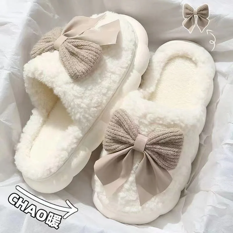 

Cute Bow Quality Fur Slippers Women Indoor Light Warm Plush Home Slippers Woman Faux Fur Flat Heel CoupleSlides