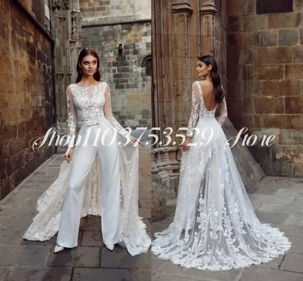 Illusion Boho Wedding One-piece Dress with Removable Train A-line Hem 2024 Fashion Lace Floral Long Sleeve Bridal Gowns فساتين س