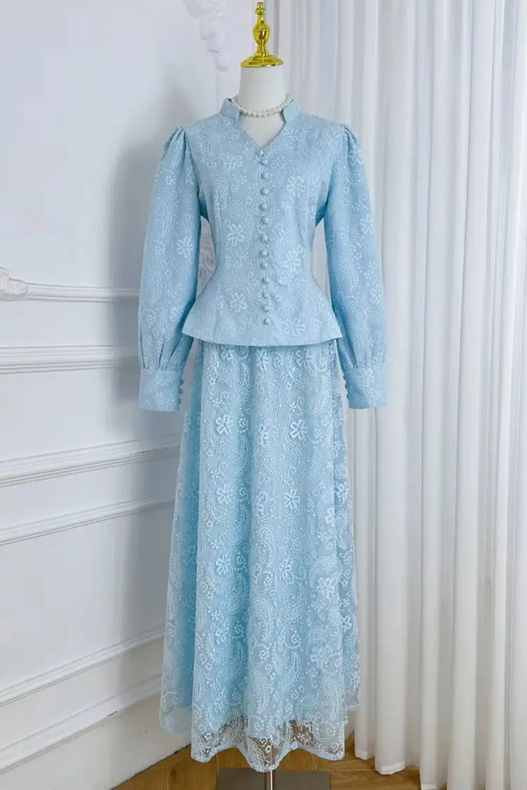 Women Jacquard 2 Piece Set Long Sleeve V Neck Button Down Peplum Top A Line Maxi Skirt Elegant Vintage Evening Party Suit