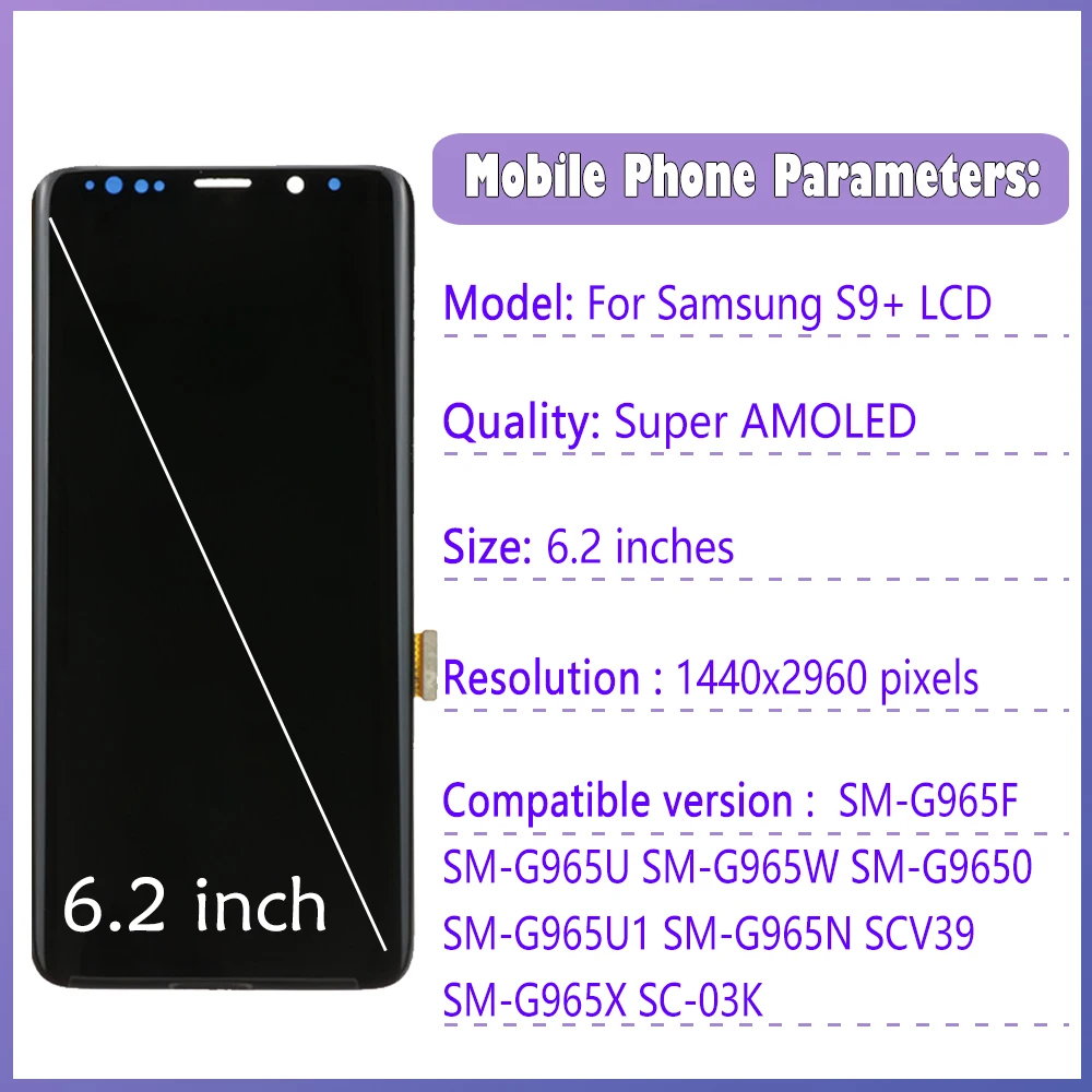 AAA quality AMOLED Display For Samsung S9 plus LCD Display Touch Screen Digitizer For G965 G965F Repair Parts Replacement