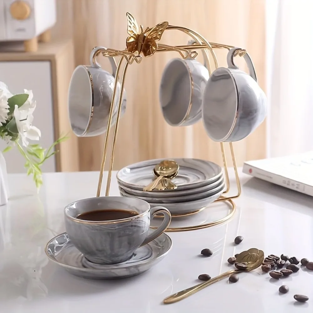 

Ceramic Coffee Mug with Saucer, Coffee Cup Set with Spoon And Cup Holder, Golden Painted Coffee Mugs Set 4Oz/ 120Ml for Coffee