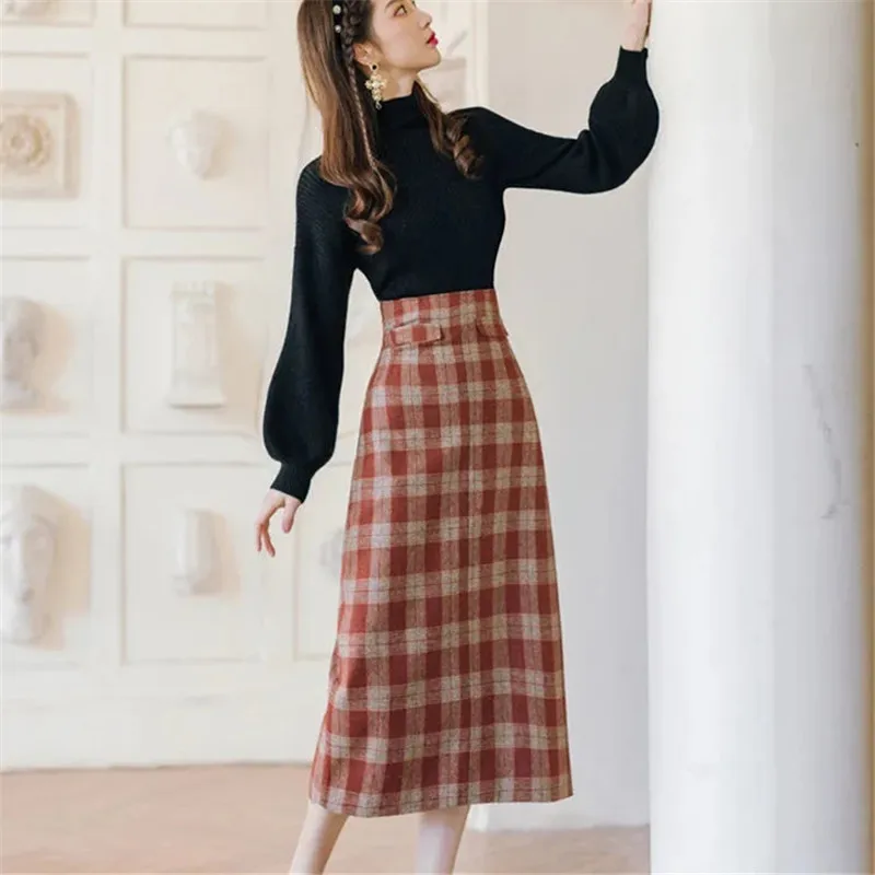 Korean Fashion Solid Color Knitted Sweater + Vintage Plaid Long Skirts Women's Autumn Winter New Two Sets Skirt Women Clothing