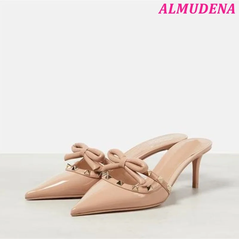 

Pointed Toe Rockstud Stilettos Slippers Women Bowknot Black/White Peep Toe Patent Leather High Heels Party Shoes Sexy Sandals