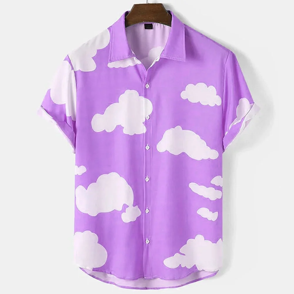 Men\'s Shirts Short Sleeve Cloud Print Tops Hawaiian Holiday Shirts Fashionable Unisex Shirts Summer T-Shirts Casual Oversized Cl