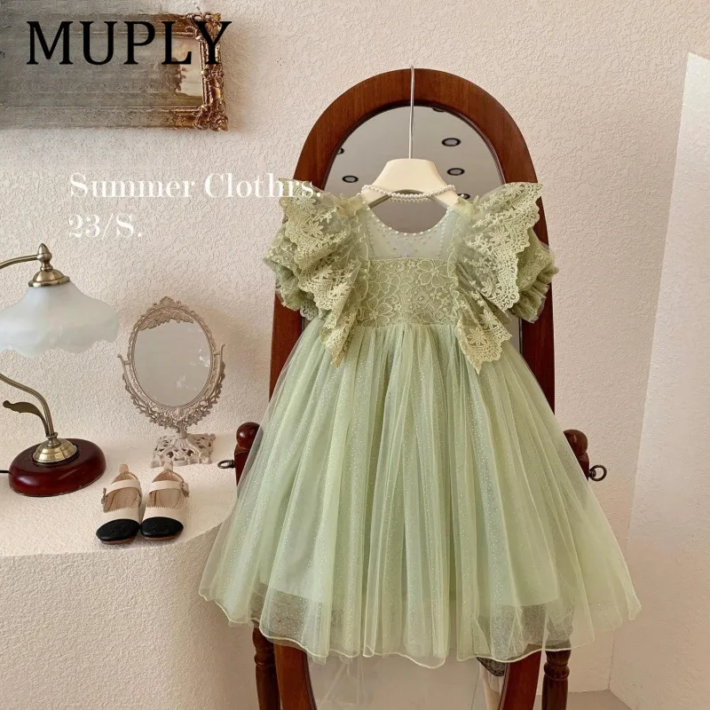 

Summer Girls Dress Lace Flower Binding Pearl Embellishments Puff Sleeve Princess Dresses For Girl Kids Party Mesh Clothes
