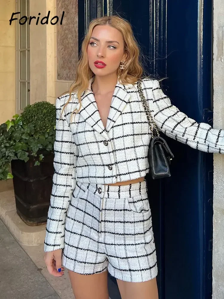 Foridol Plaid White Black Tweed Winter Autumn Female Blazer Suit Office Short Blazer Shorts Set Zipper Button Winter Knitted Top